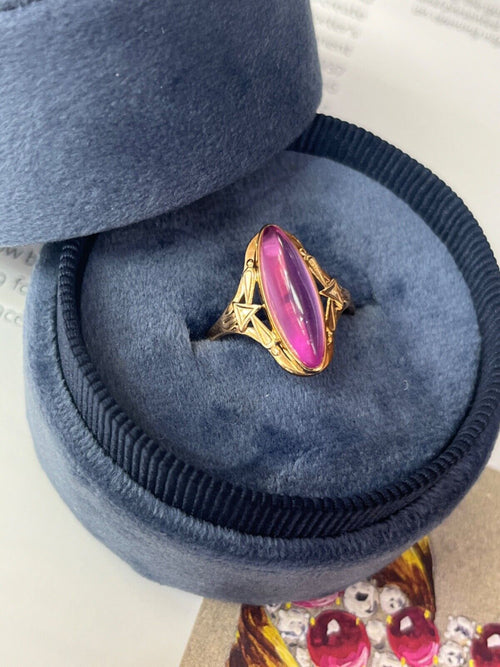 Vintage Russian 14K Yellow Gold Marquise Pink Paste Ring,