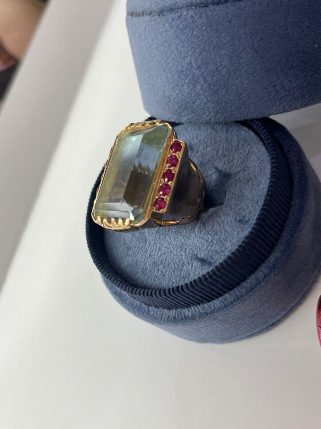 Vintage Retro 14K Yellow Gold Large Aquamarine & Ruby Ring