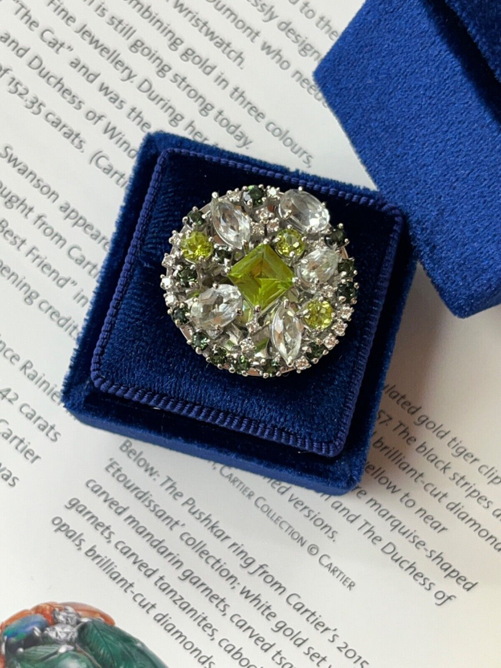 Striking Denoir 18K Gold Peridot, Prasiolite, Tourmaline and Diamond Ring