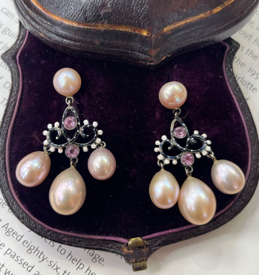 Bohemian Style Silver Pink Pearl Enamel Chandelier Earring