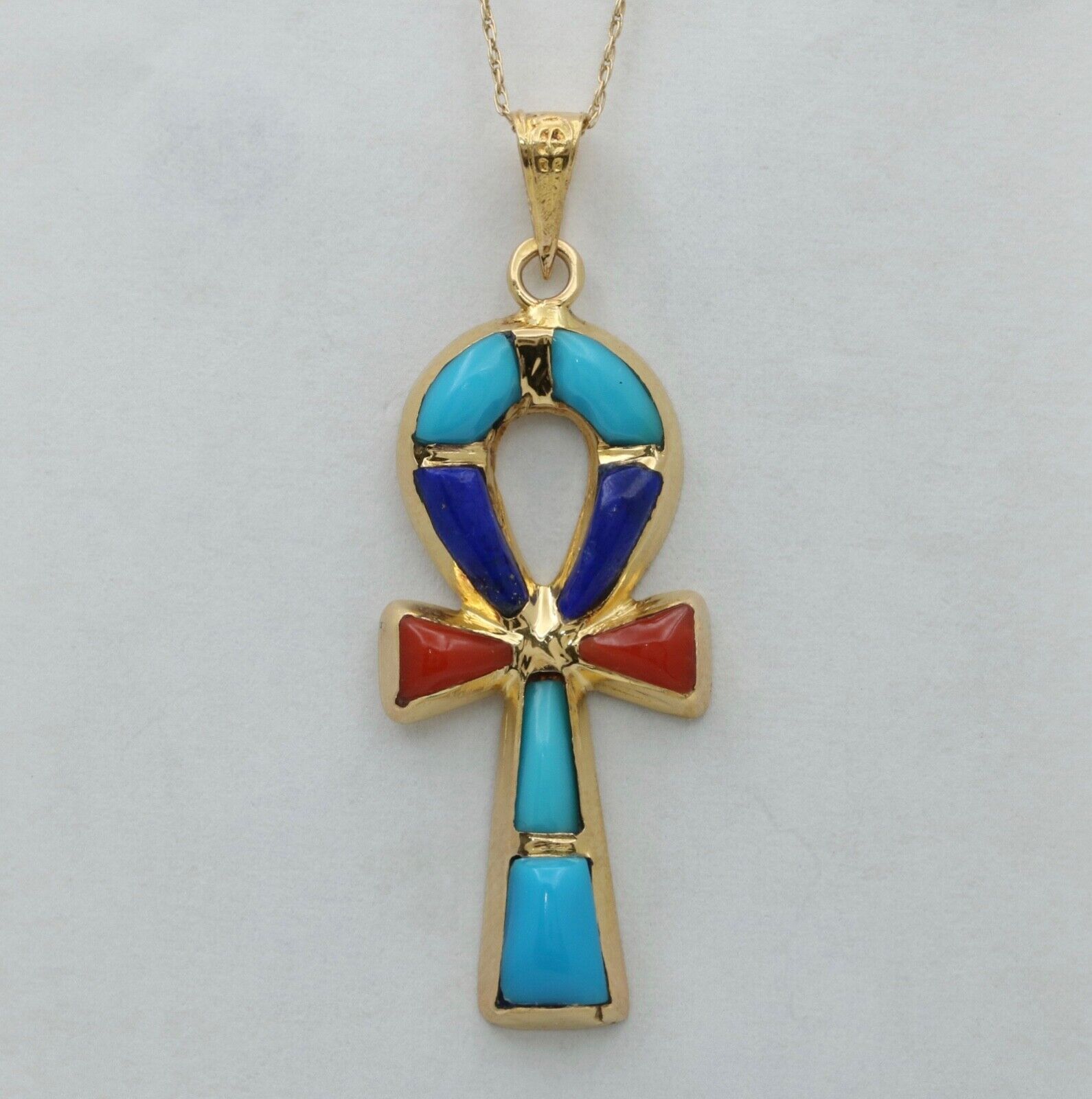 Vintage Egyptian Ankh Cross Key Of Life 18K Yellow Gold Lapis Lari Coral Pendant