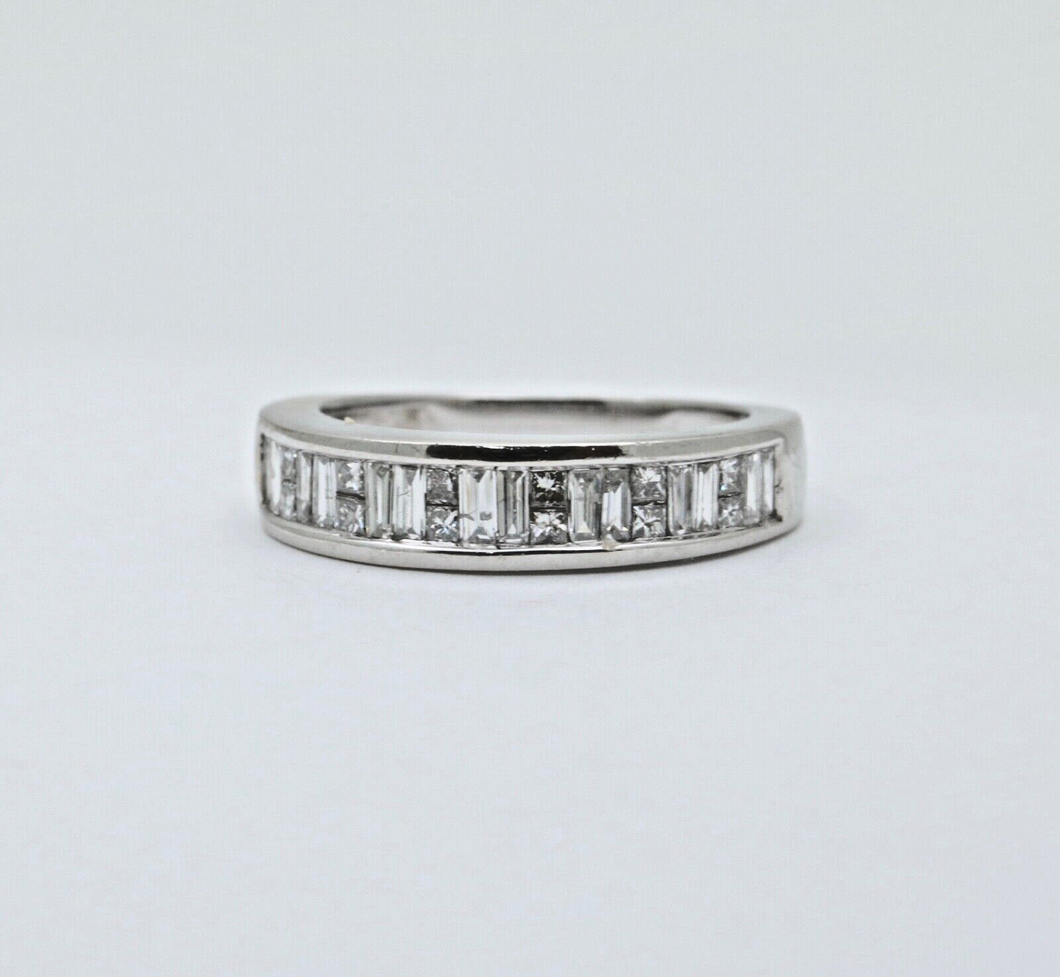 Vintage Baguette Table Cut Diamonds 14K White Gold Band Ring