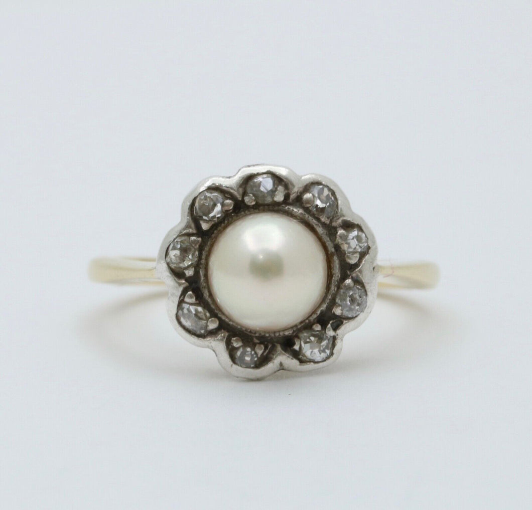 Victorian English Rose Cut Diamonds Pearl 18K Yellow White Gold Ring