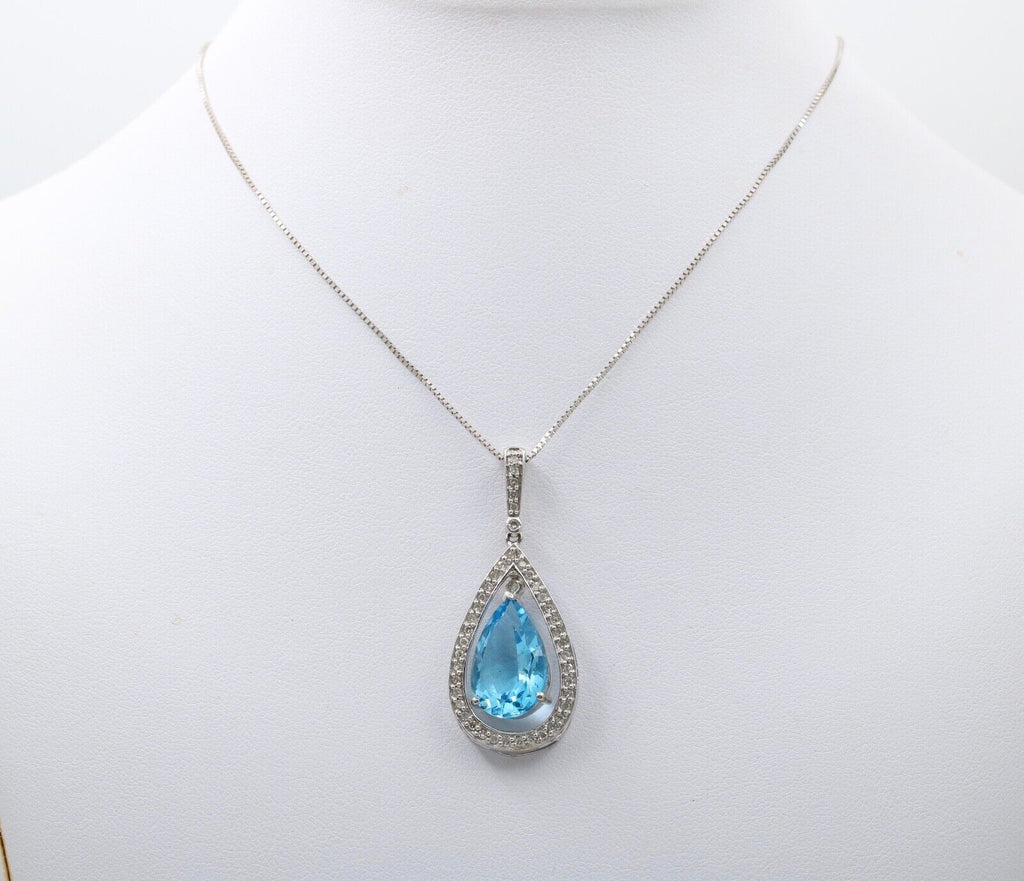 Vintage Dangling Blue Topaz Diamonds White Gold Pendant and Chain