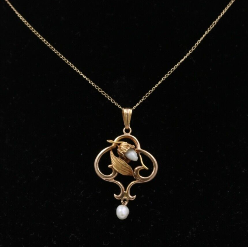 Art Nouveau 10K Yellow Gold Acorn Pearl Pendant Necklace