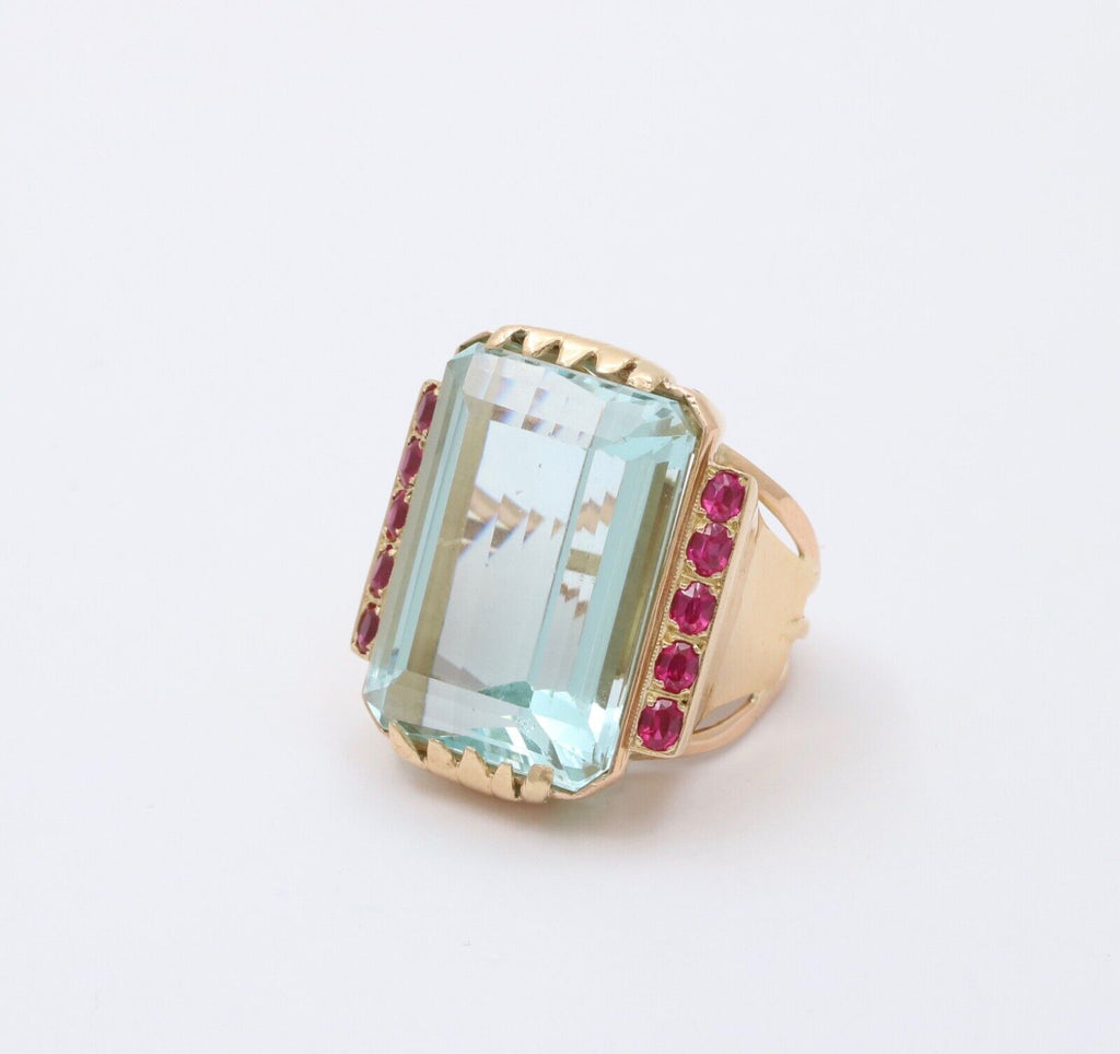 Vintage Retro 14K Yellow Gold Large Aquamarine & Ruby Ring