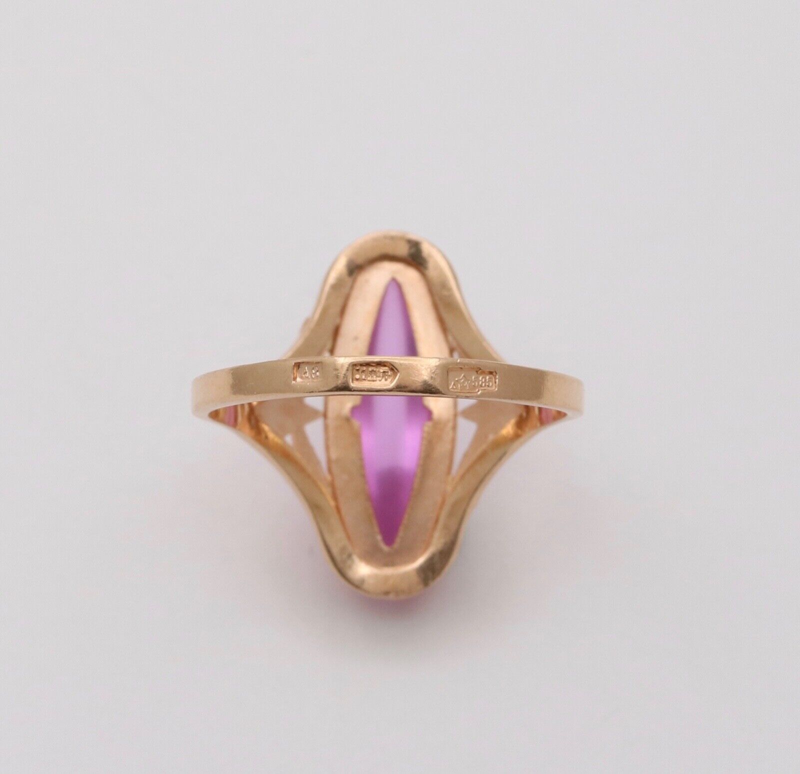 Vintage Russian 14K Yellow Gold Marquise Pink Paste Ring,