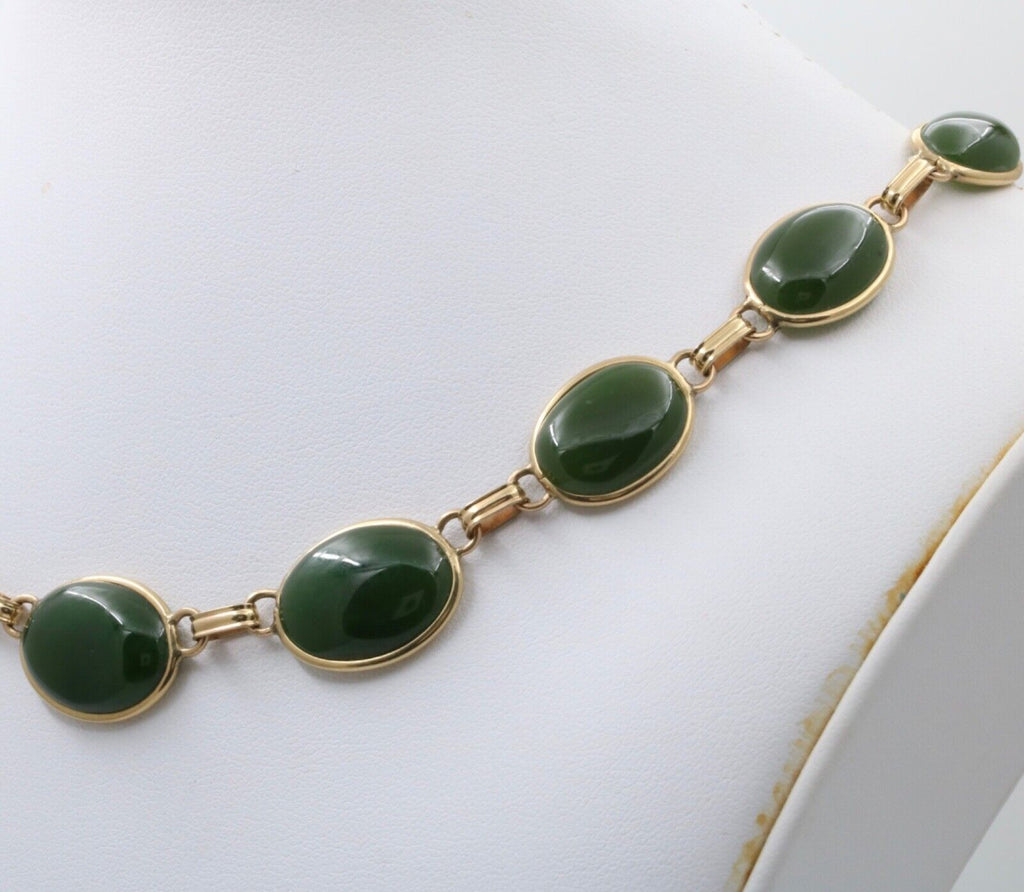 Vintage Oval Eternity Jade 14K Yellow Gold Necklace