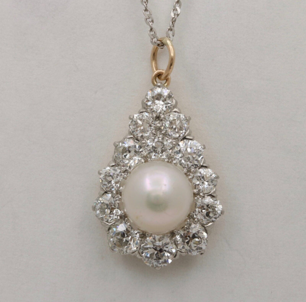 Vintage 18K Yellow Gold & Platinum Diamond Pearl Pendant Charm