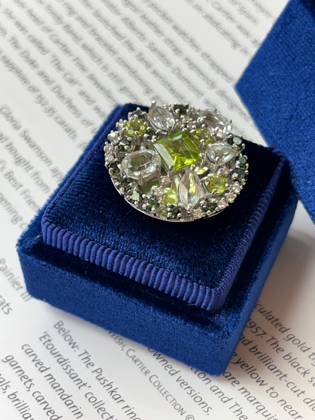 Striking Denoir 18K Gold Peridot, Prasiolite, Tourmaline and Diamond Ring