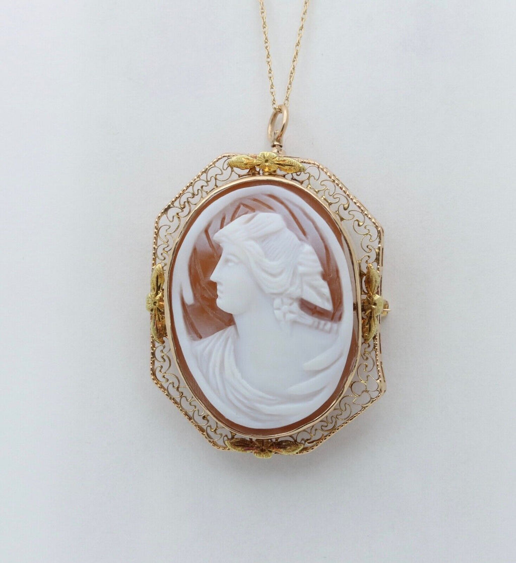 Victorian Carved Cameo 14K Yellow Gold Pendant Brooch