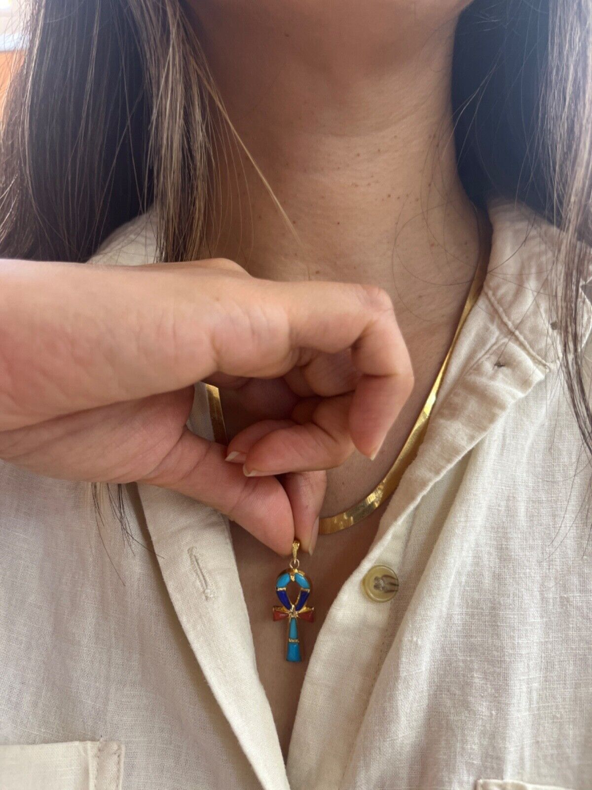 Vintage Egyptian Ankh Cross Key Of Life 18K Yellow Gold Lapis Lari Coral Pendant