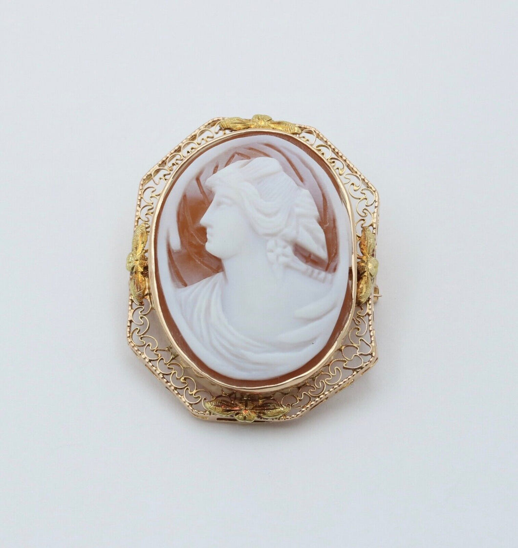 Victorian Carved Cameo 14K Yellow Gold Pendant Brooch