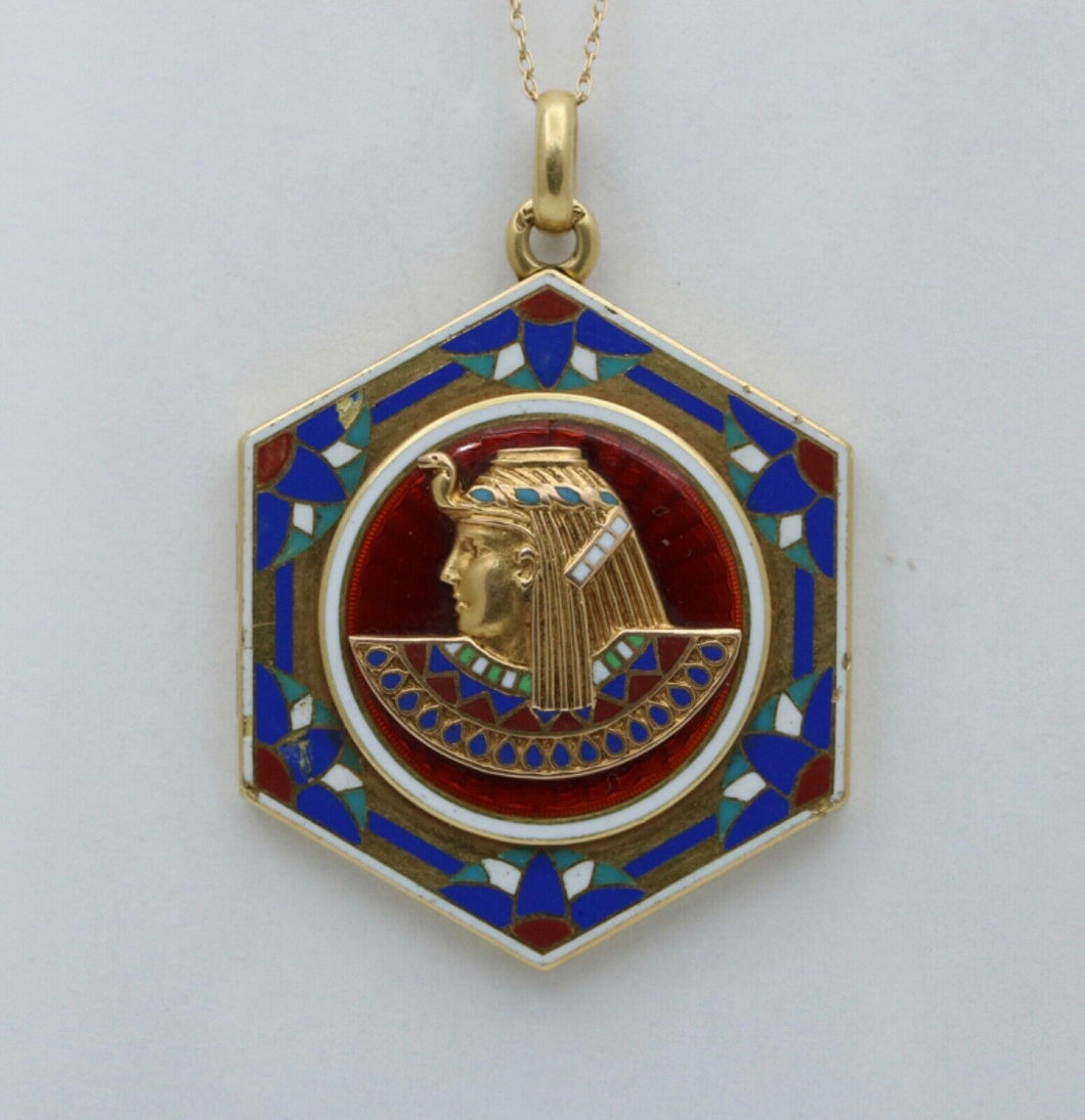 Vintage Egytian Pharoh Enamel 18K Yellow Gold Locket Pendant