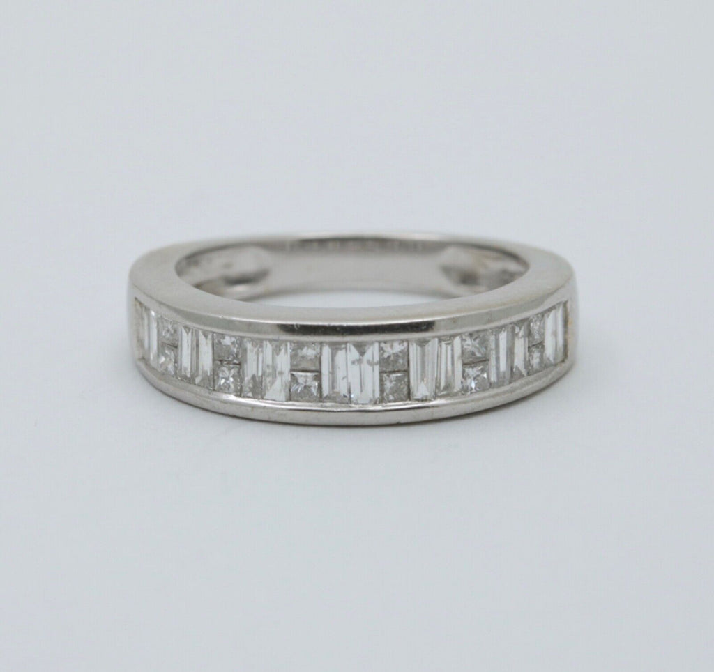 Vintage Baguette Table Cut Diamonds 14K White Gold Band Ring