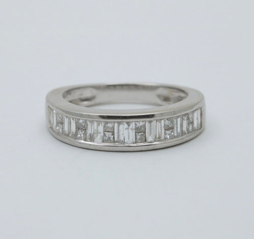 Vintage Baguette Table Cut Diamonds 14K White Gold Band Ring