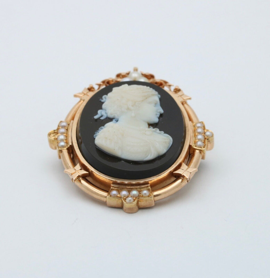 Victorian 14K Rose Gold Black Onyx Cameo Pendant Brooch