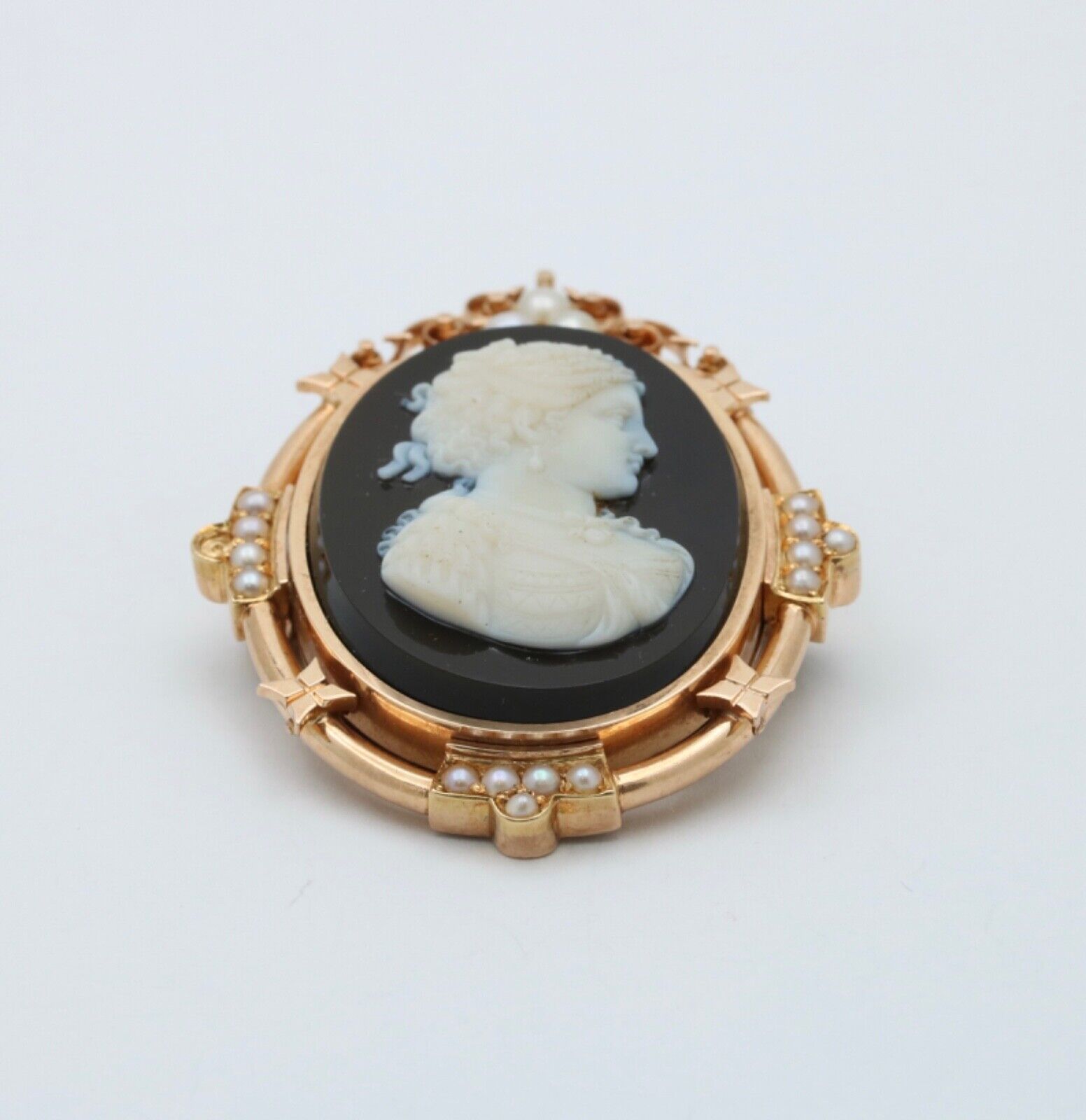 Victorian 14K Rose Gold Black Onyx Cameo Pendant Brooch