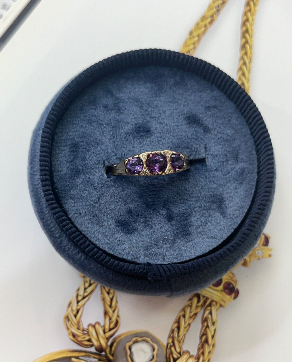 Victorian 14K Yellow Gold Three Stones Amethyst  & diamond Ring