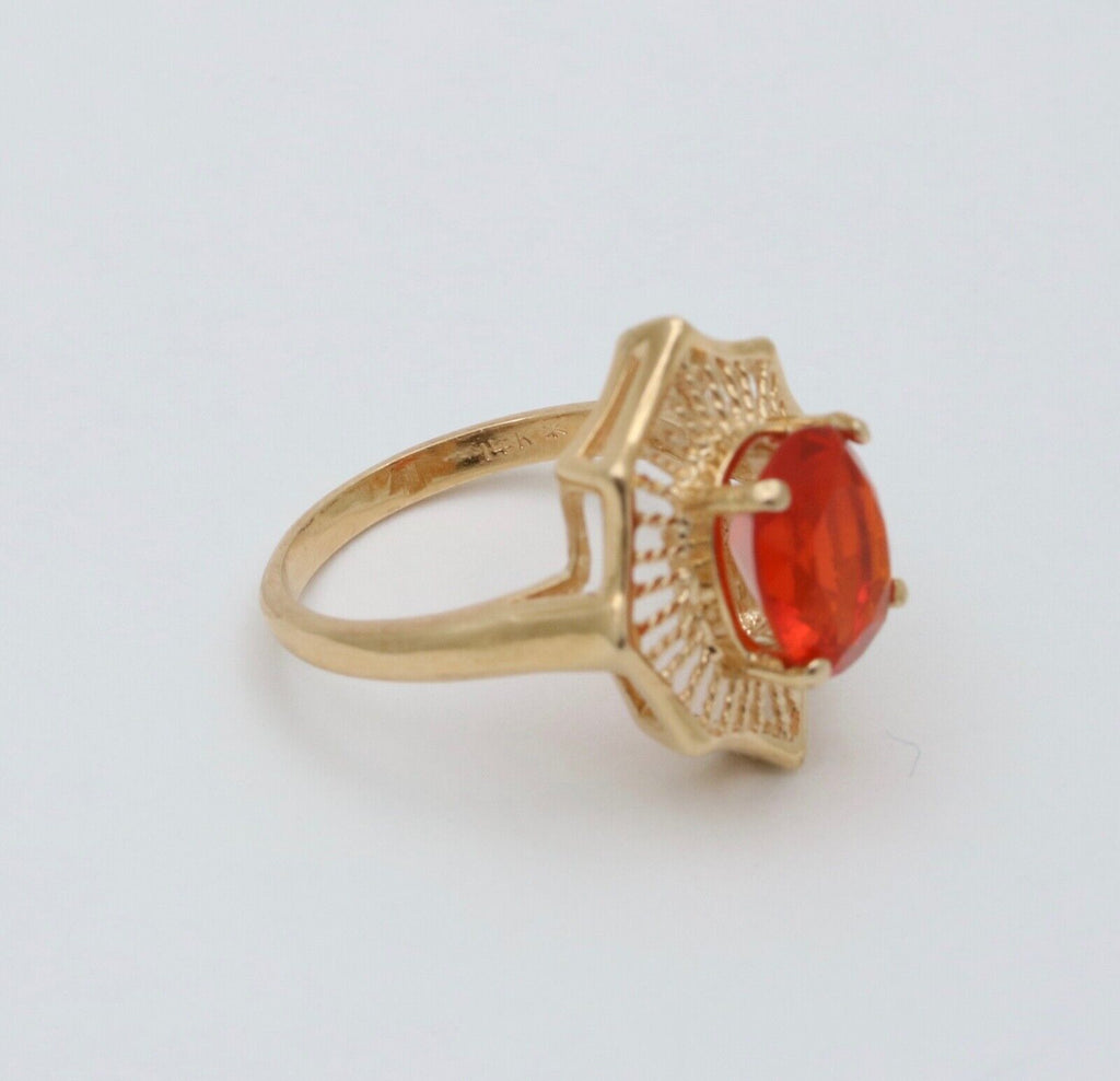 Vintage Mexican Fire Opal Filagree 14K Yellow Gold Ring