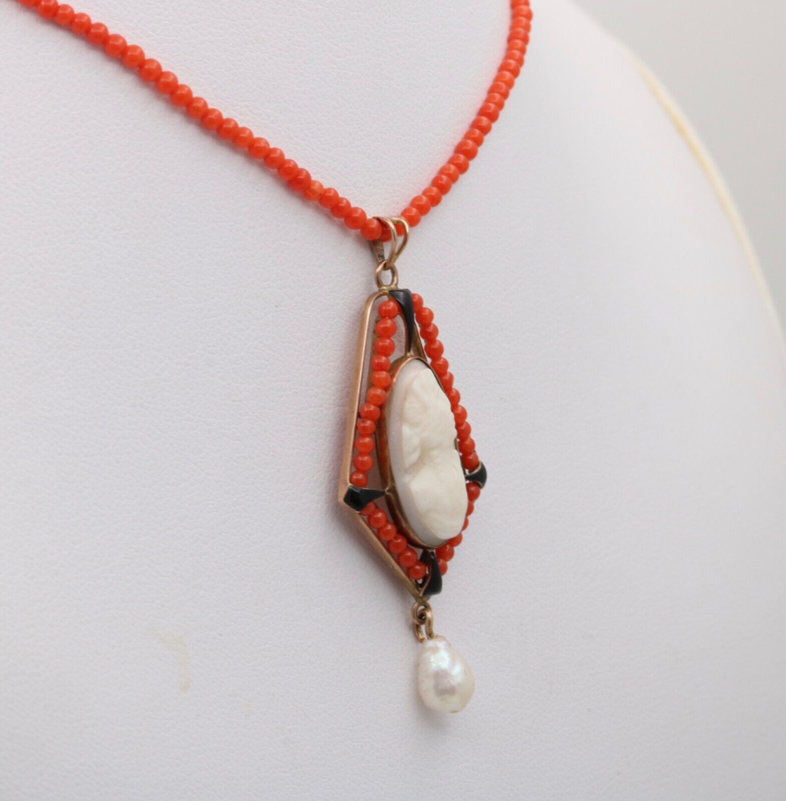 Vintage Coral Cameo Enamel Yellow Gold Pendant Necklace
