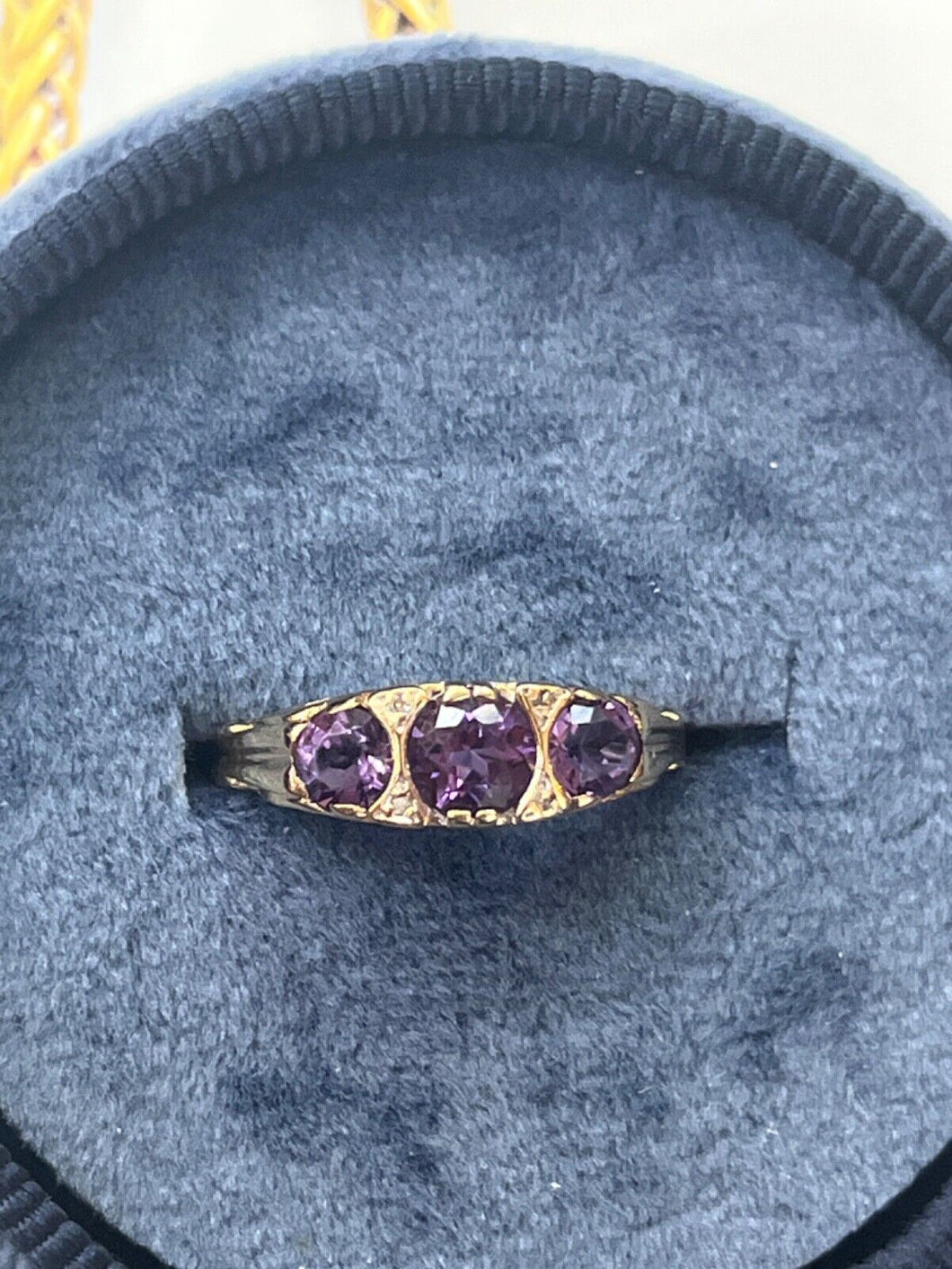 Victorian 14K Yellow Gold Three Stones Amethyst  & diamond Ring