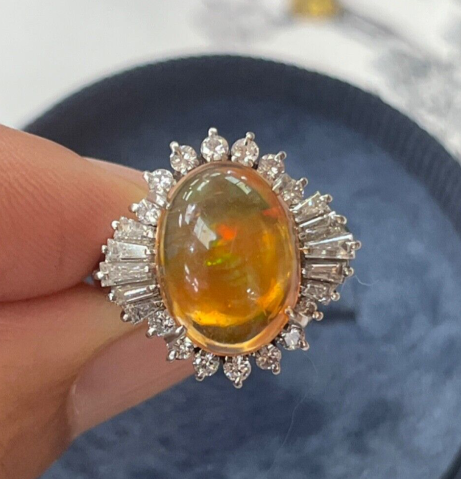 Vintage Platinum Fire Opal Diamond Ring, Statement Ring