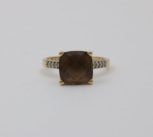Vintage Smoky Quartz Diamonds 14K Yellow Gold Ring