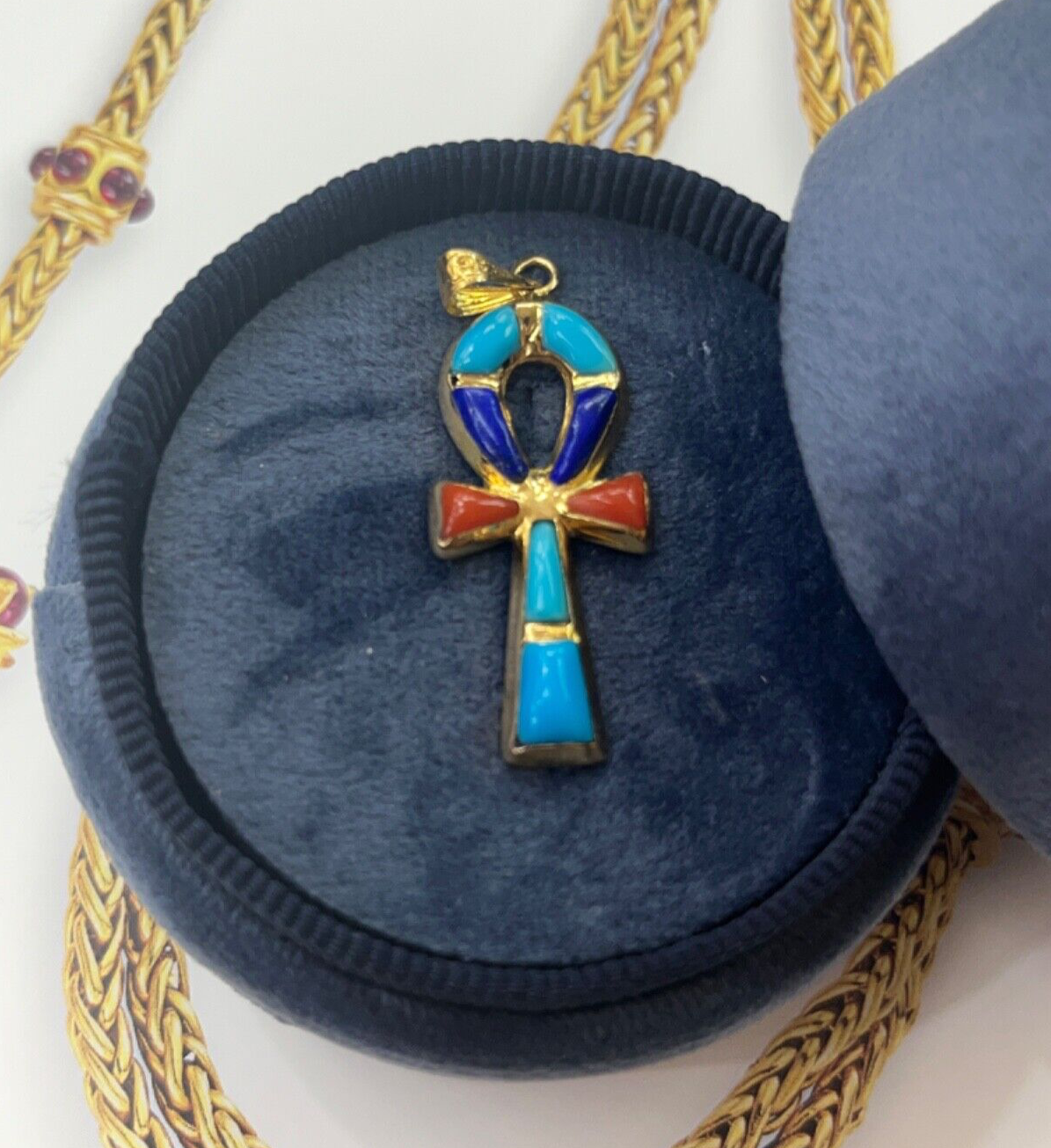 Vintage Egyptian Ankh Cross Key Of Life 18K Yellow Gold Lapis Lari Coral Pendant
