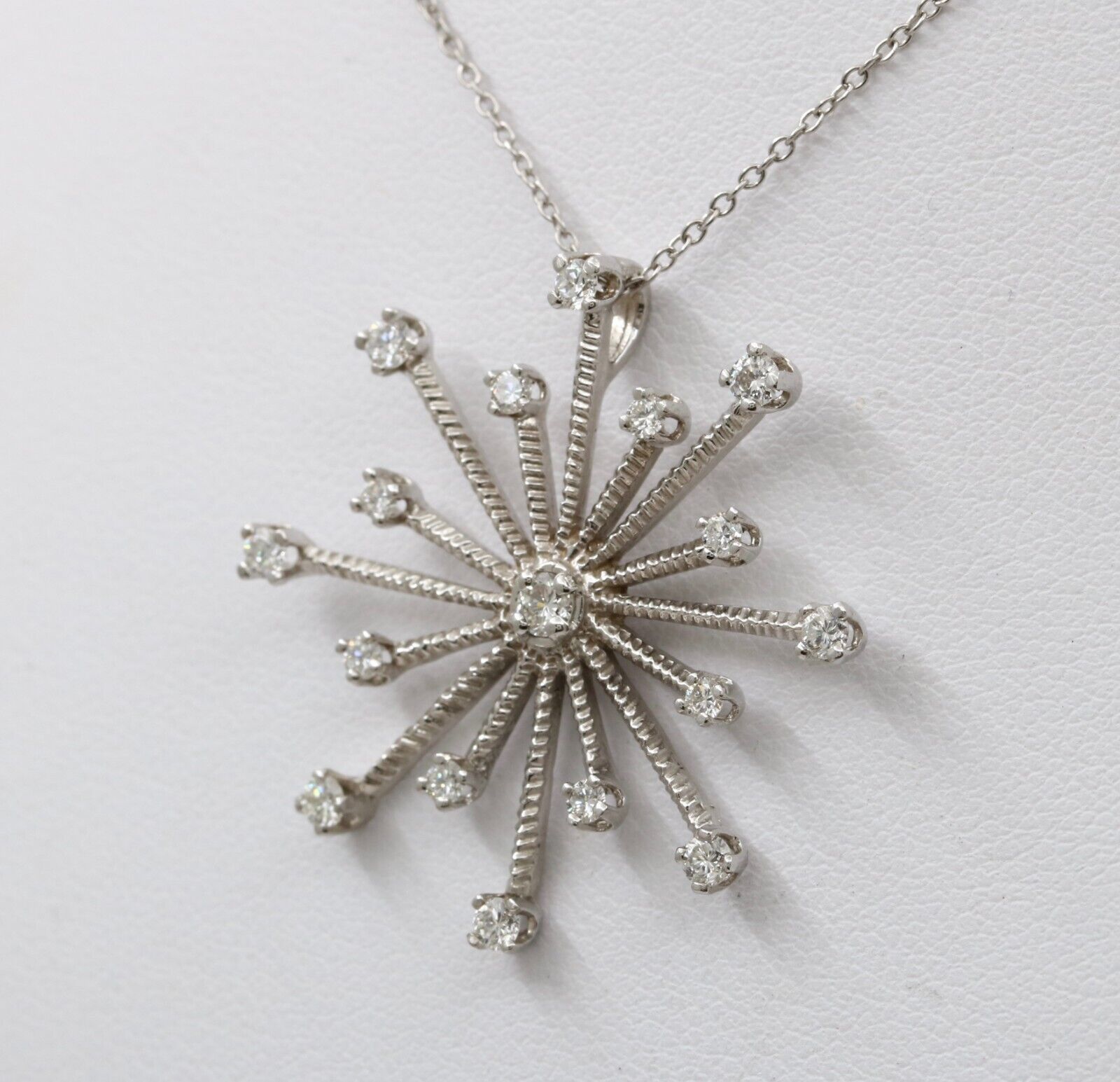 Vintage 14K White Gold Diamond Snowflake Pendant Necklace.