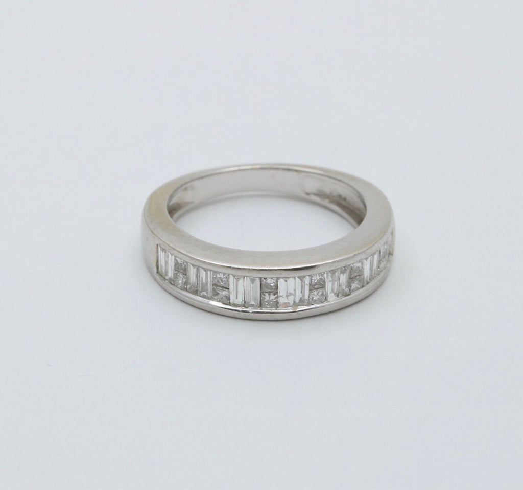 Vintage Baguette Table Cut Diamonds 14K White Gold Band Ring
