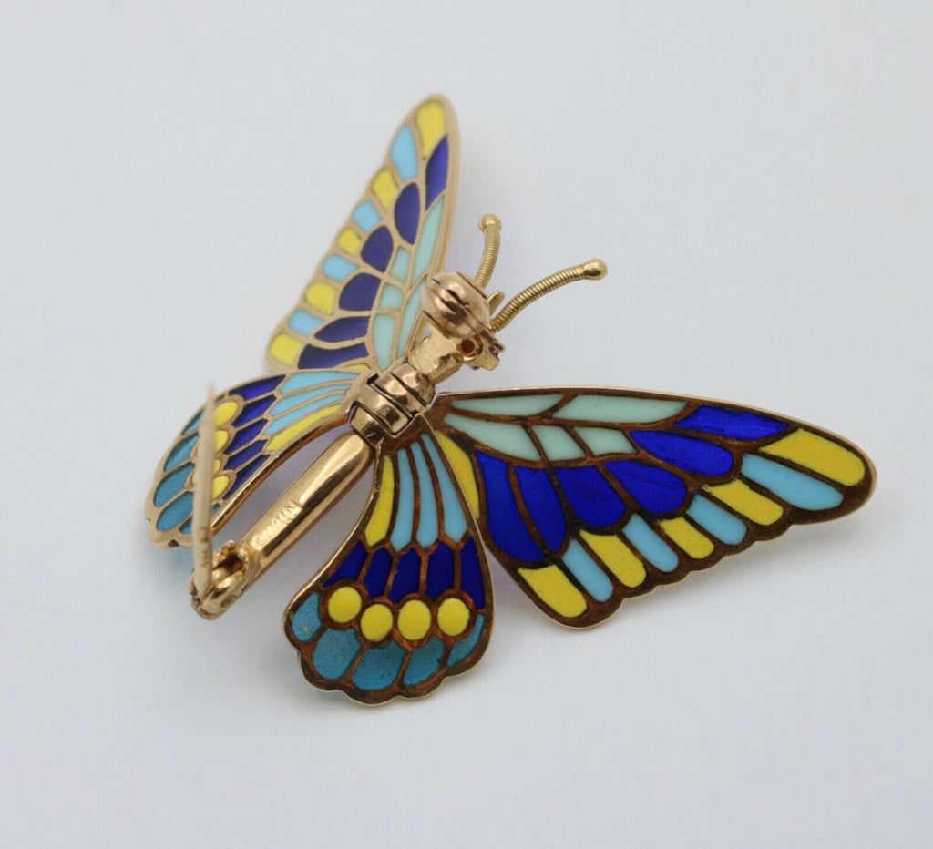 Vintage 18K Yellow Gold Plique A Jour Enamel Butterfly Brooch