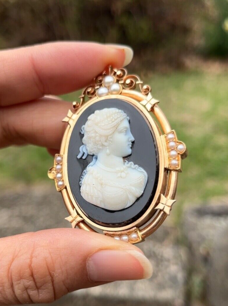 Victorian 14K Rose Gold Black Onyx Cameo Pendant Brooch