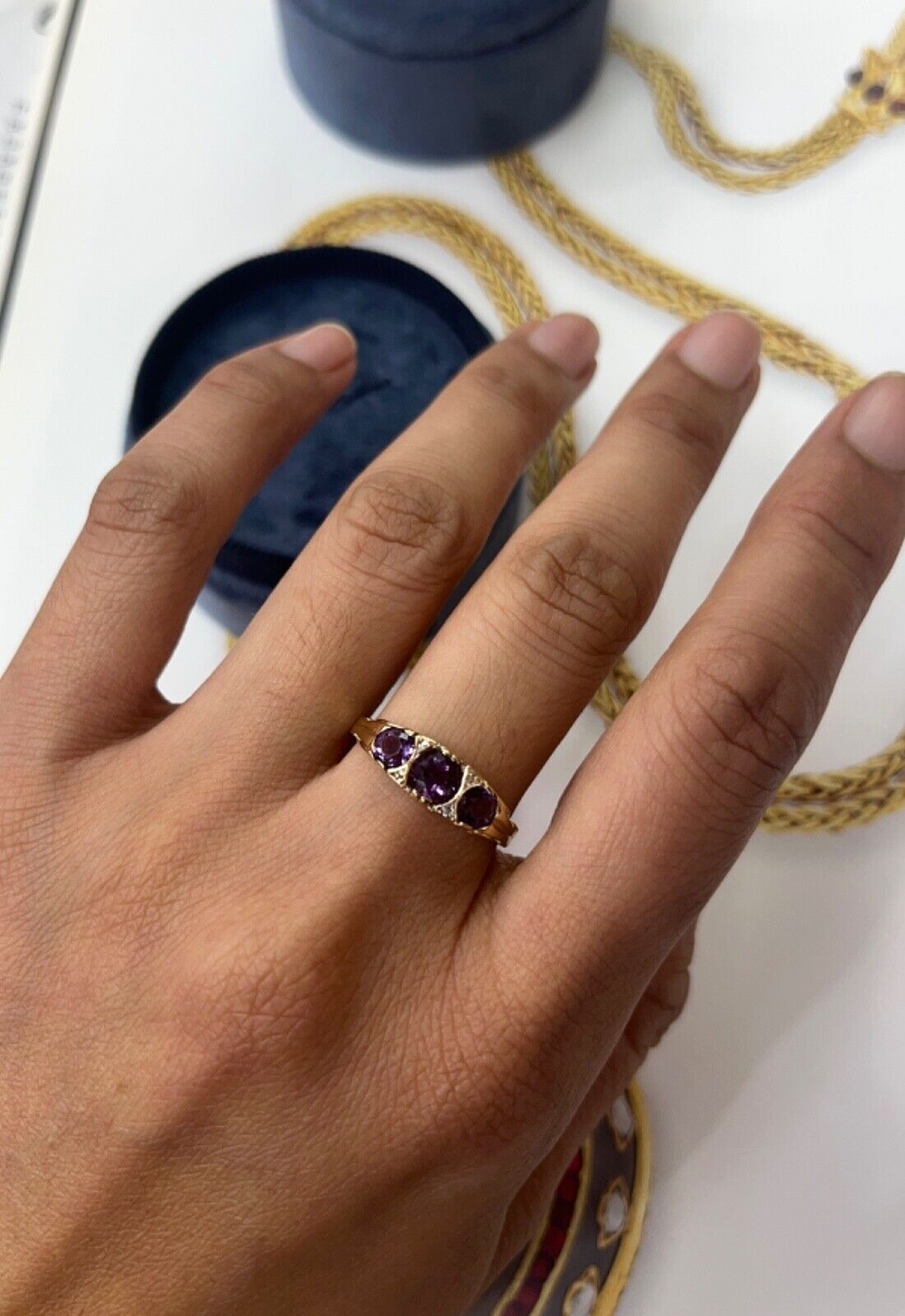 Victorian 14K Yellow Gold Three Stones Amethyst  & diamond Ring