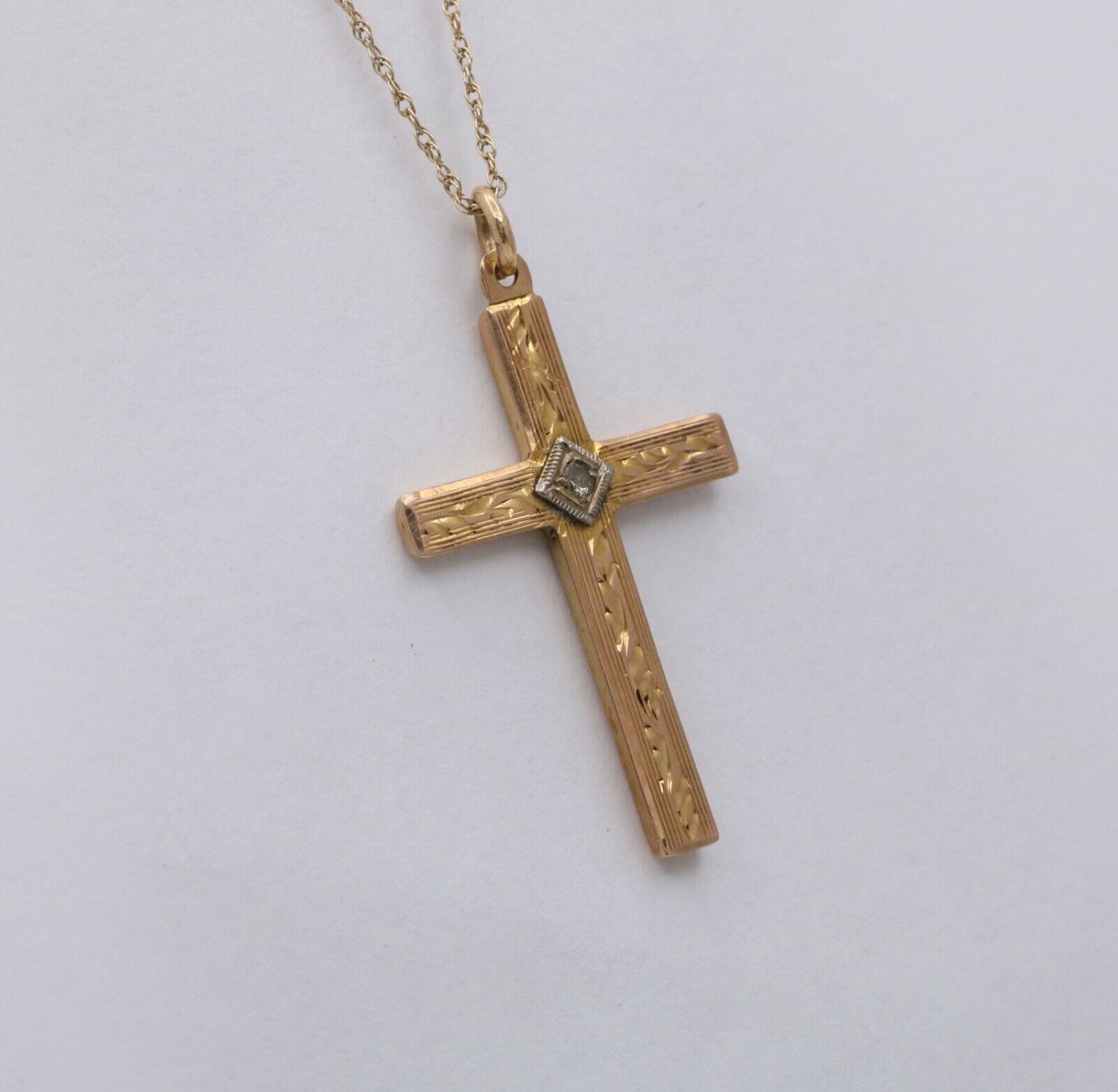 Vintage 10K Yellow & White Gold Cross Diamond Pendant