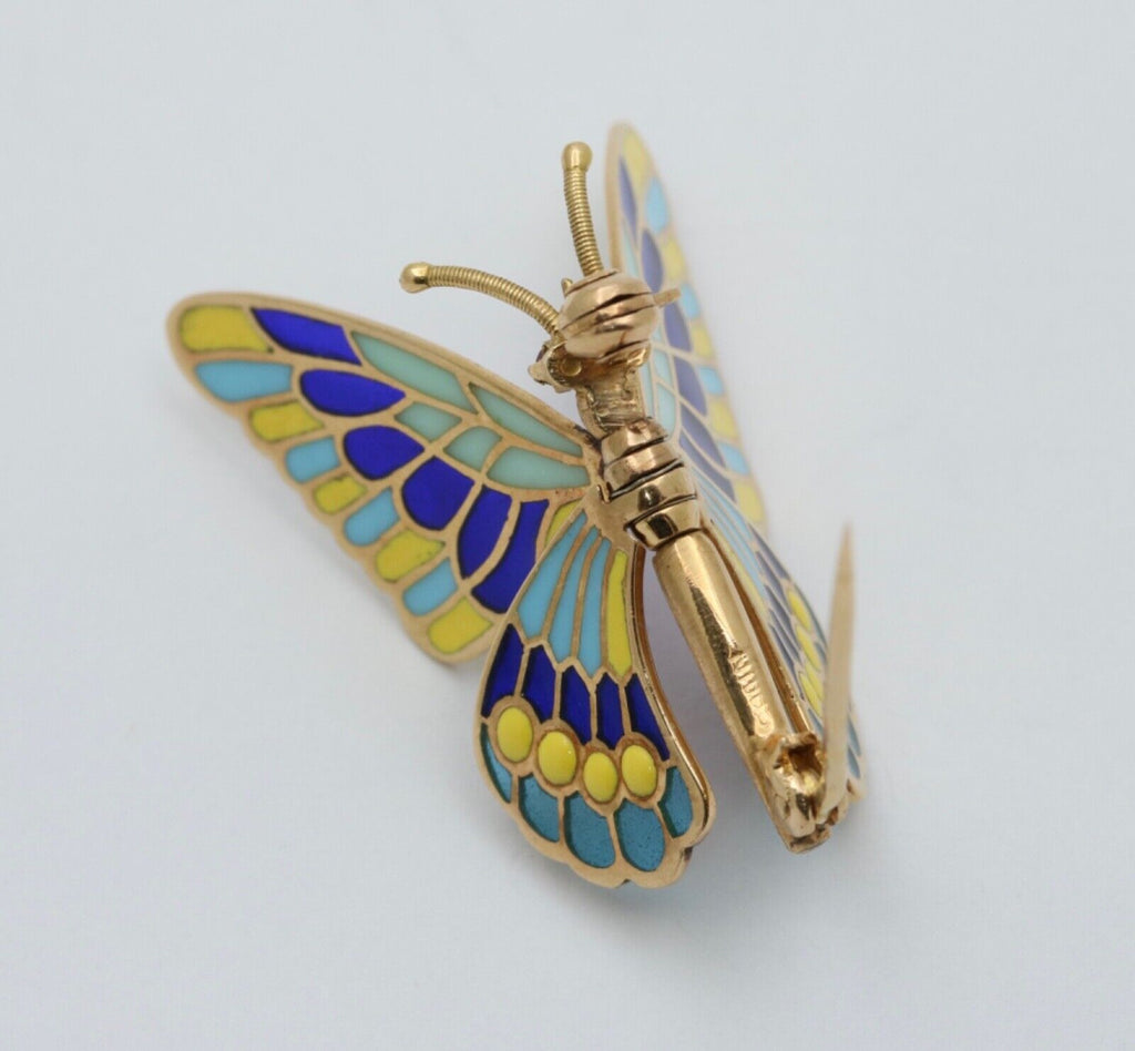 Vintage 18K Yellow Gold Plique A Jour Enamel Butterfly Brooch