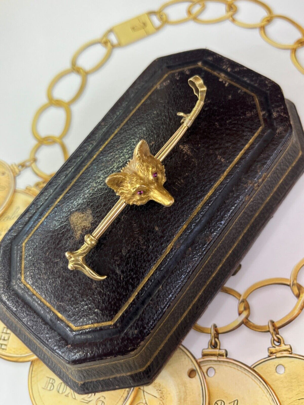 Vintage 14K Yellow Gold Fox Head & Whip Bar Pin