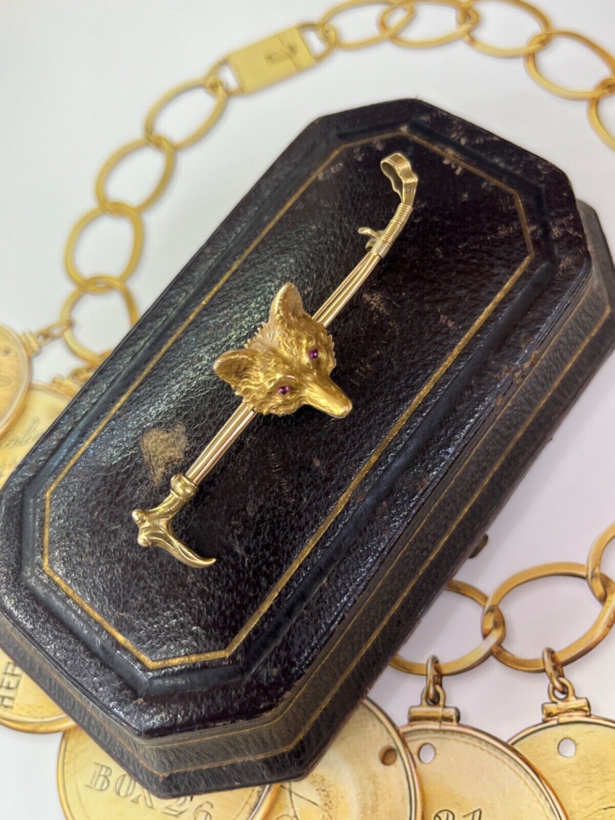 Vintage 14K Yellow Gold Fox Head & Whip Bar Pin