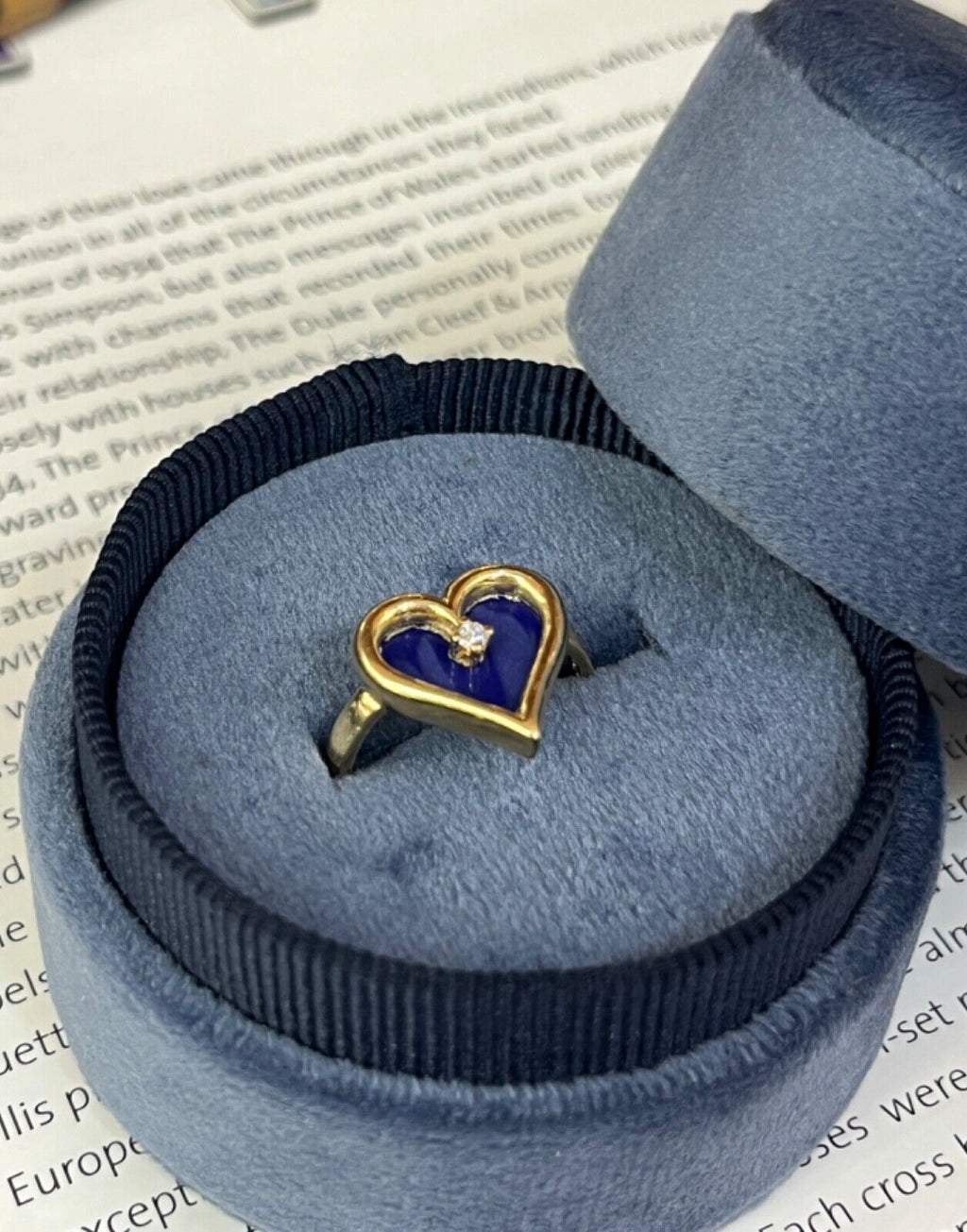 Vintage 14K Yellow Gold Heart Lapis Lari Diamond Ring.