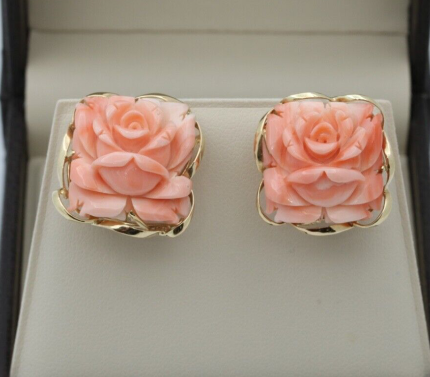 Vintage Carved Coral 14K Yellow Gold Flower Earrings