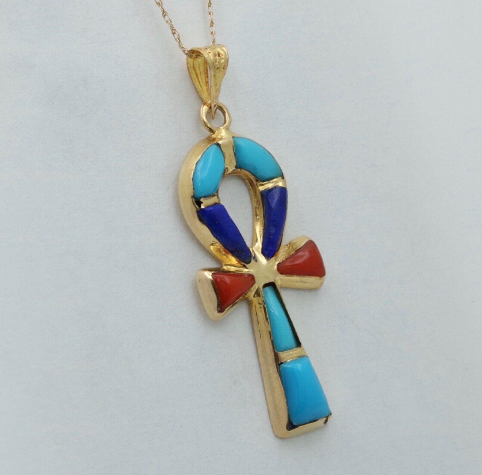 Vintage Egyptian Ankh Cross Key Of Life 18K Yellow Gold Lapis Lari Coral Pendant
