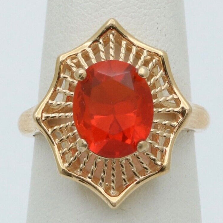 Vintage Mexican Fire Opal Filagree 14K Yellow Gold Ring