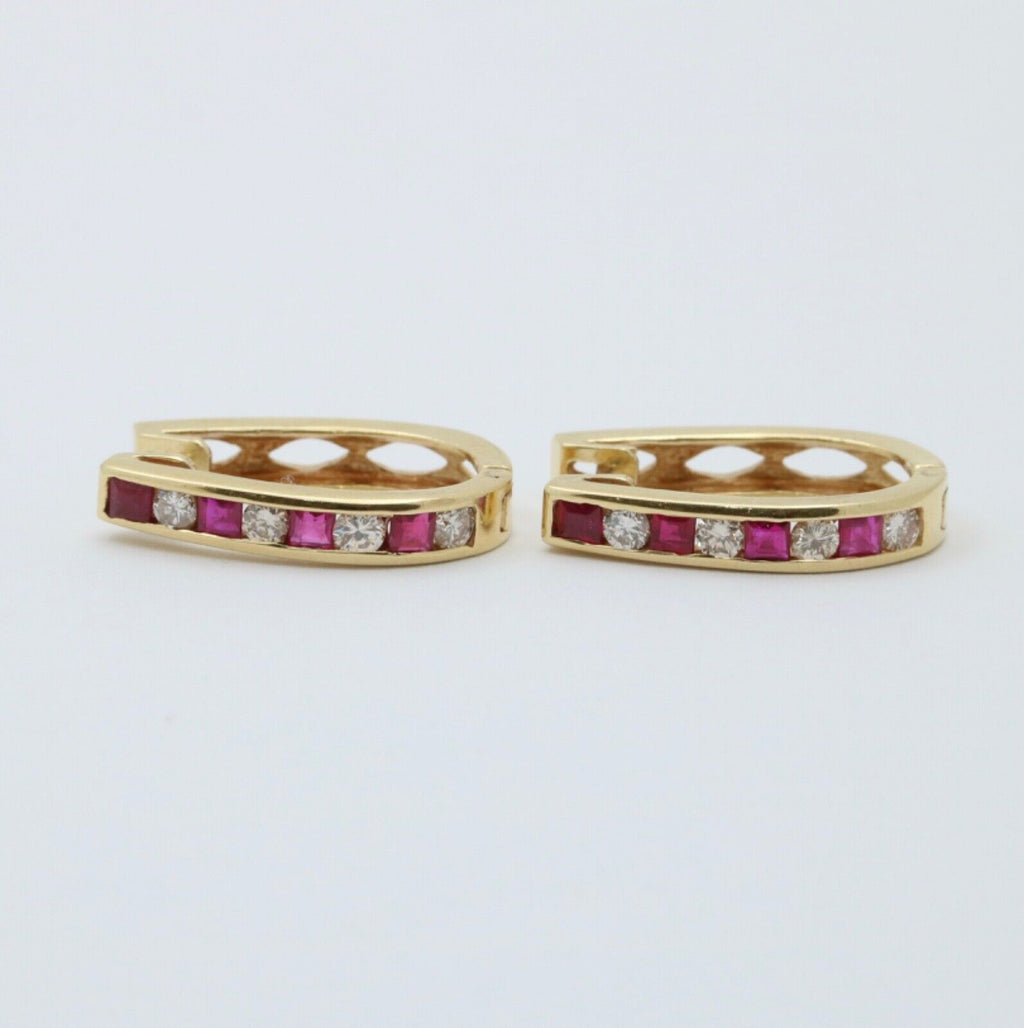 Vintage 14K Yellow Gold Ruby And Diamond Huggies Earrings