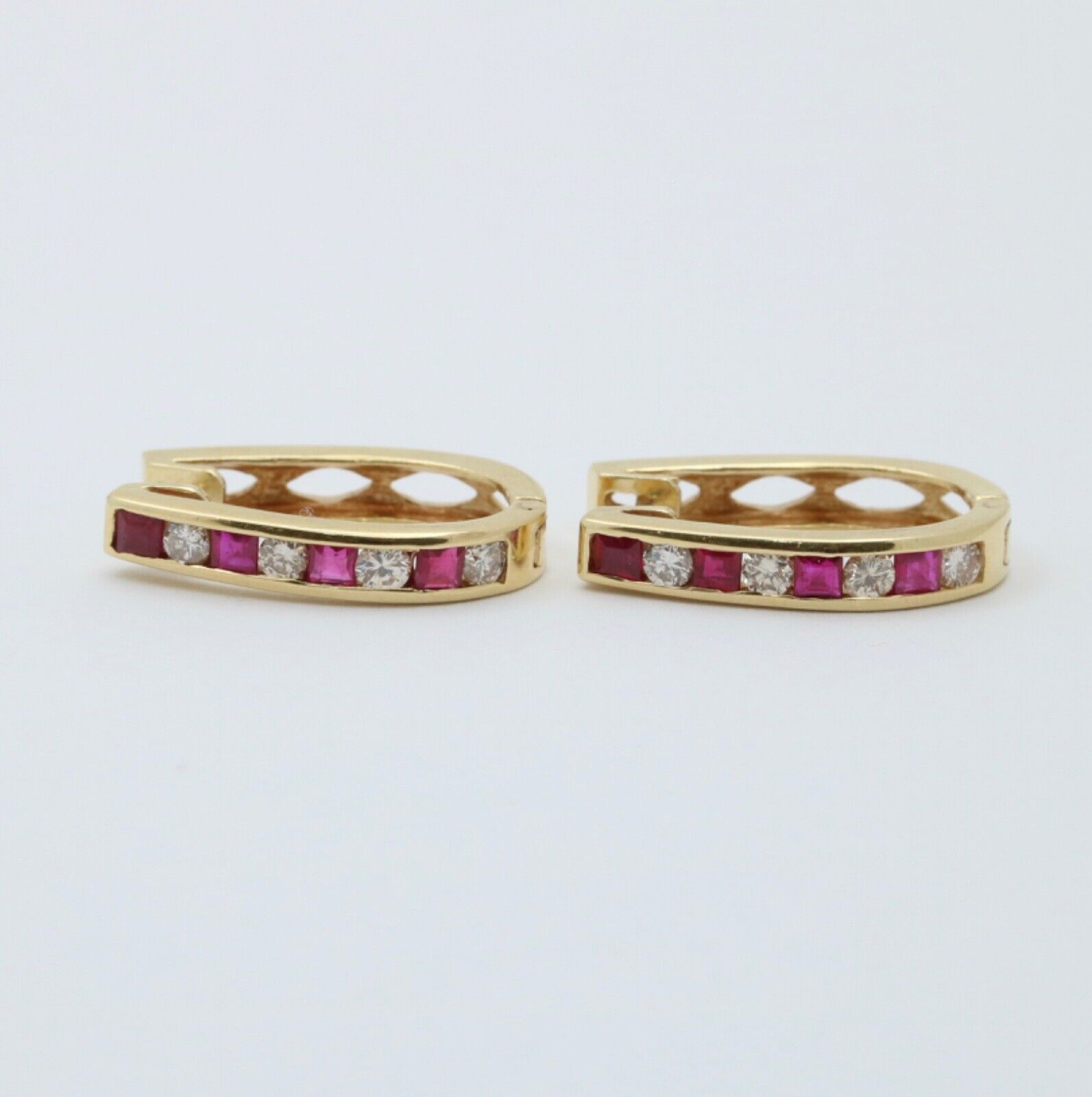 Vintage 14K Yellow Gold Ruby And Diamond Huggies Earrings