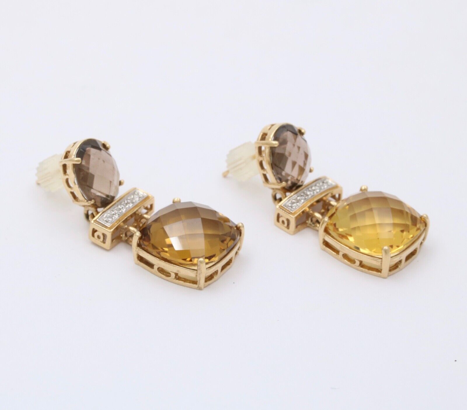 Vintage Citrine Amethyst Diamond 14K Yellow Gold Dangle Earrings