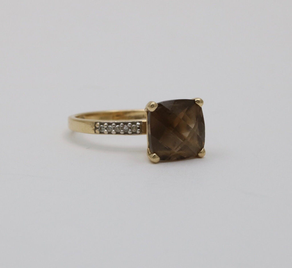Vintage Smoky Quartz Diamonds 14K Yellow Gold Ring