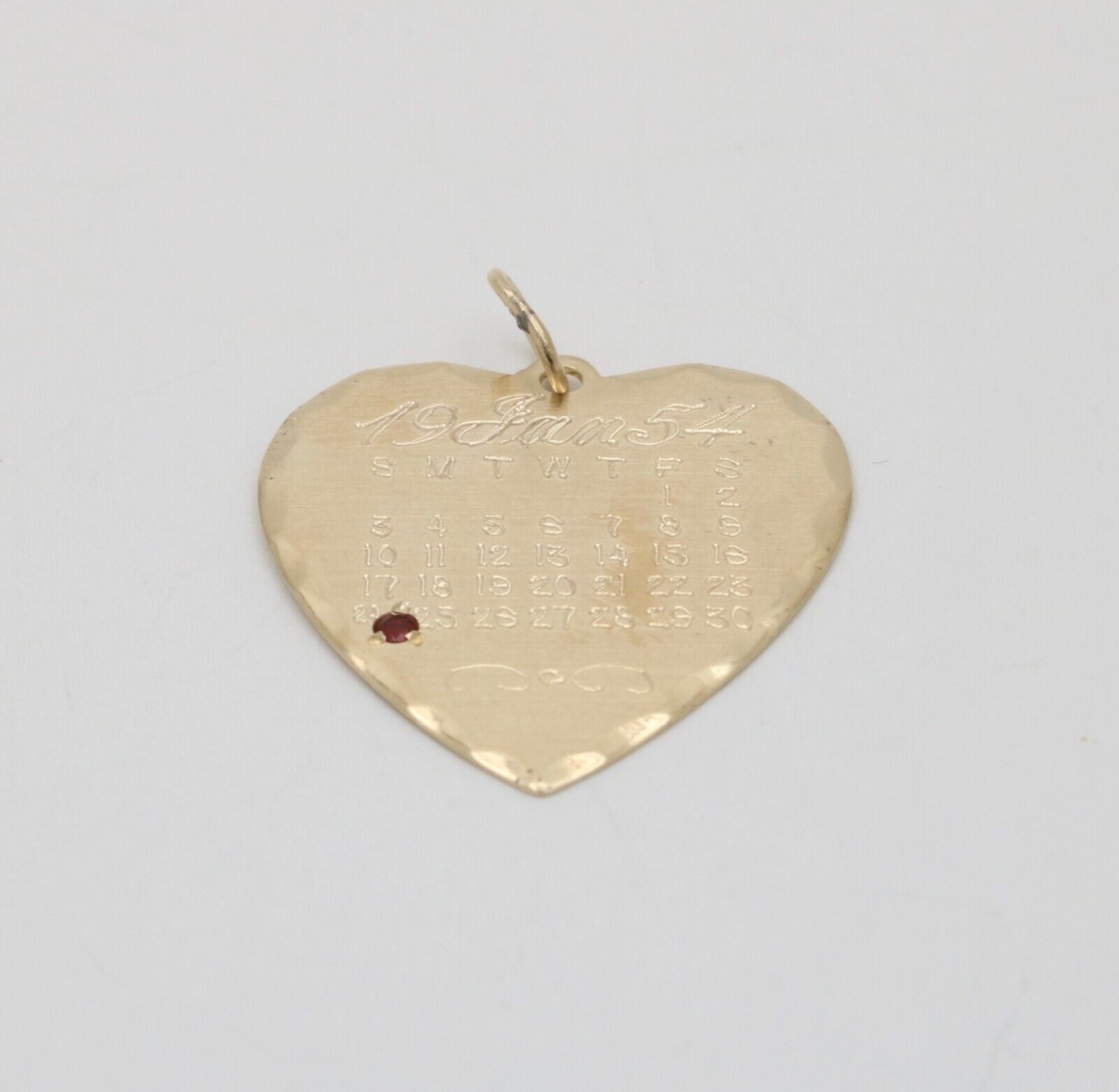 Vintage 14K Yellow Gold January Calendar Birthday Heart Charm, Birthstone Garnet