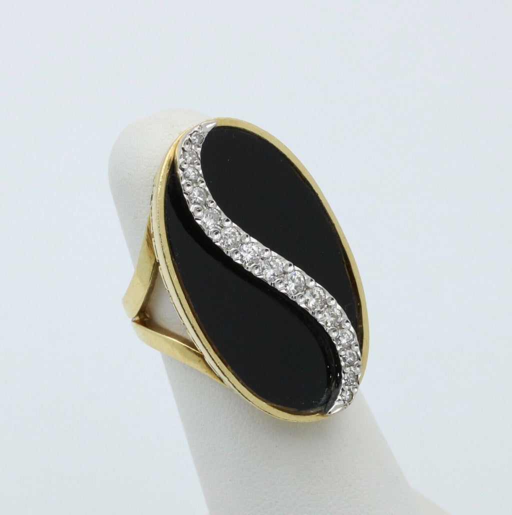 Vintage Statement Diamonds Black Onyx 18K Yellow and White Gold Ring