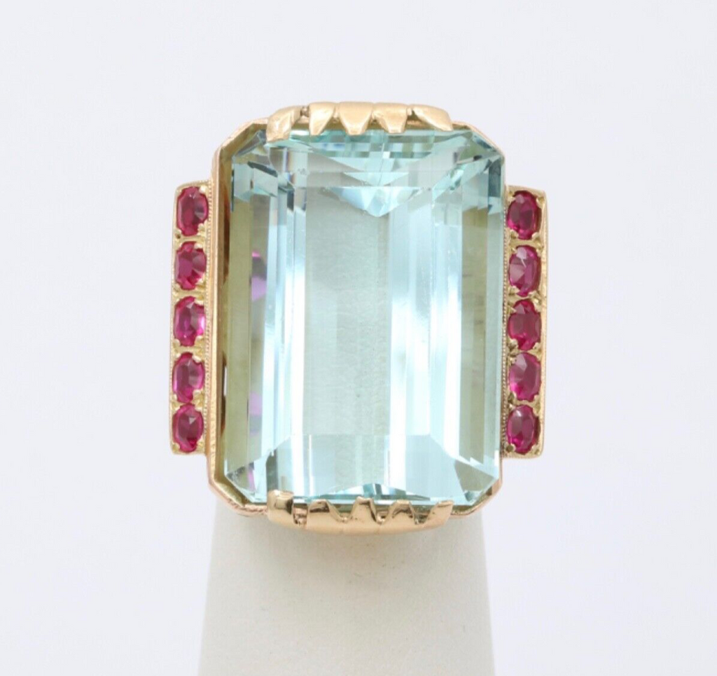 Vintage Retro 14K Yellow Gold Large Aquamarine & Ruby Ring