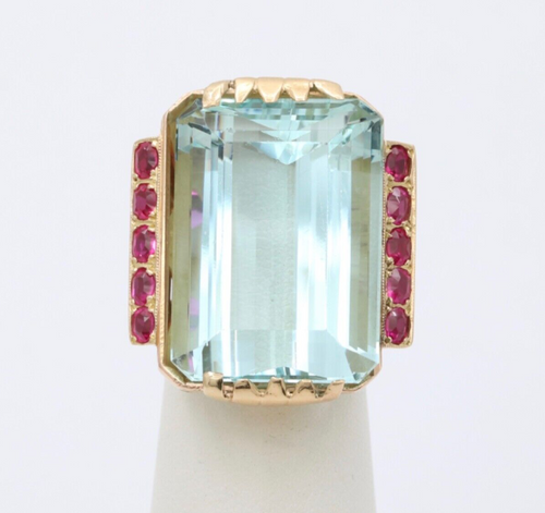 Vintage Retro 14K Yellow Gold Large Aquamarine & Ruby Ring